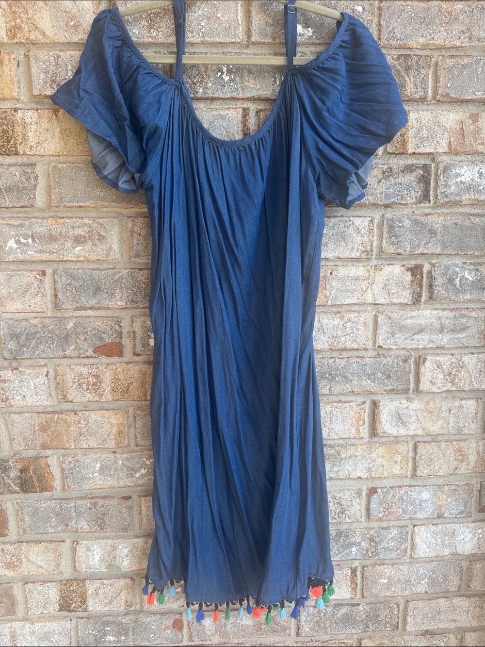 Tiana B. Navy/light denim Boho Tassel Hem Scoop Dress
